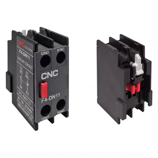Contacto auxiliar CNC F4-DN11; vistas frontal y posterior
